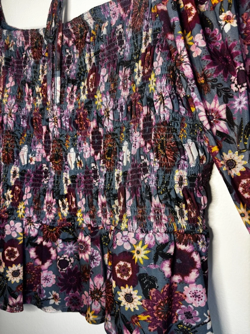 LC Lauren Conrad Black Floral Smocked Long-Sleeve Peasant Top - Picture 3 of 4